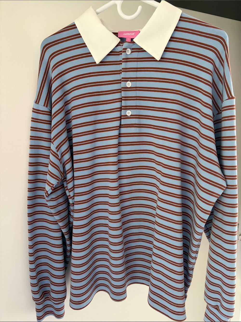 Women  Light Blue & Brown Striped Polo Shirt with White Collar